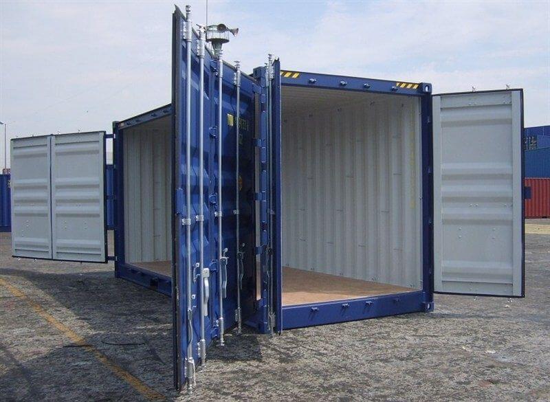Storage Container with doors on each end 20 blue outside side door access doors open