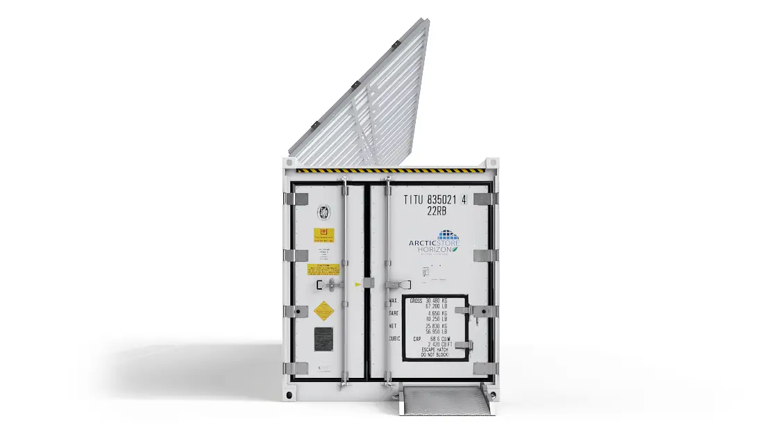40ft ArcticStore Horizon frontside with Solar Panels 45 degrees → 40ft ArcticStore Horizon forside med Solpaneler 45 grader